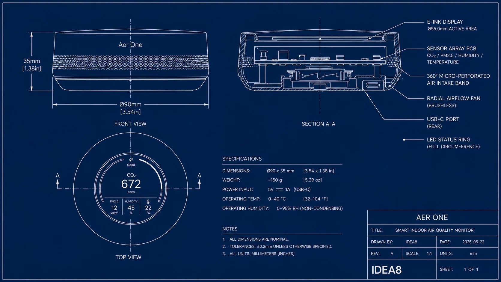 Section view coordinating airflow cavity, sensor PCB, display stack, fan and external intake geometry.