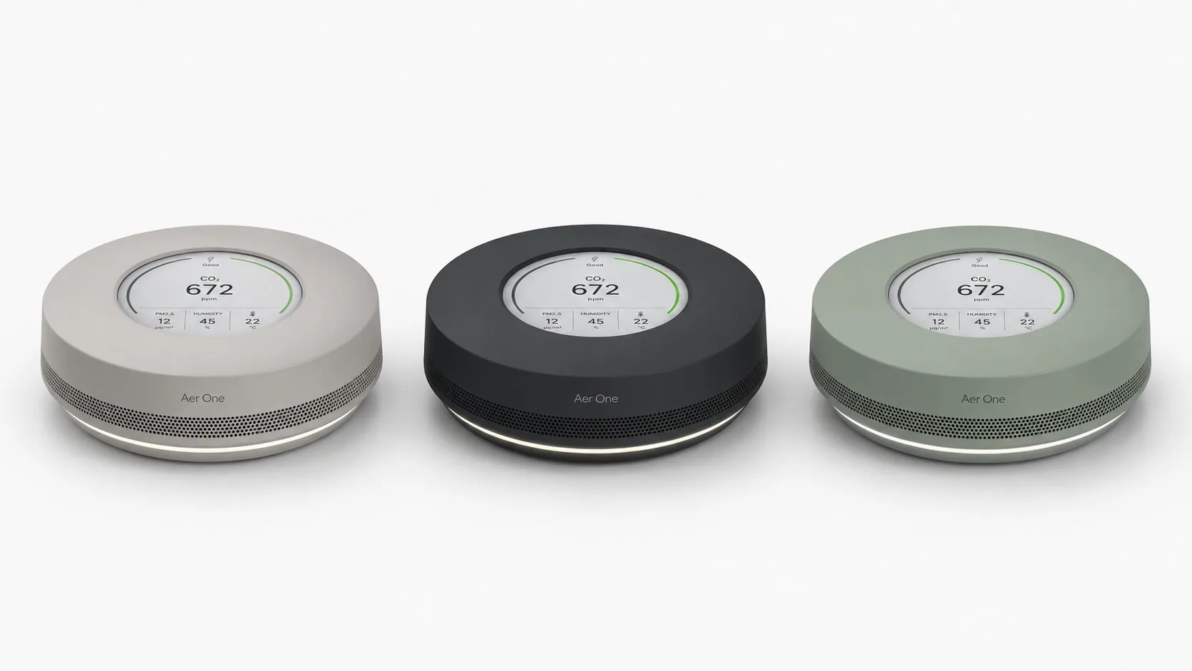 Three production colour directions: light neutral, dark graphite and soft green.
