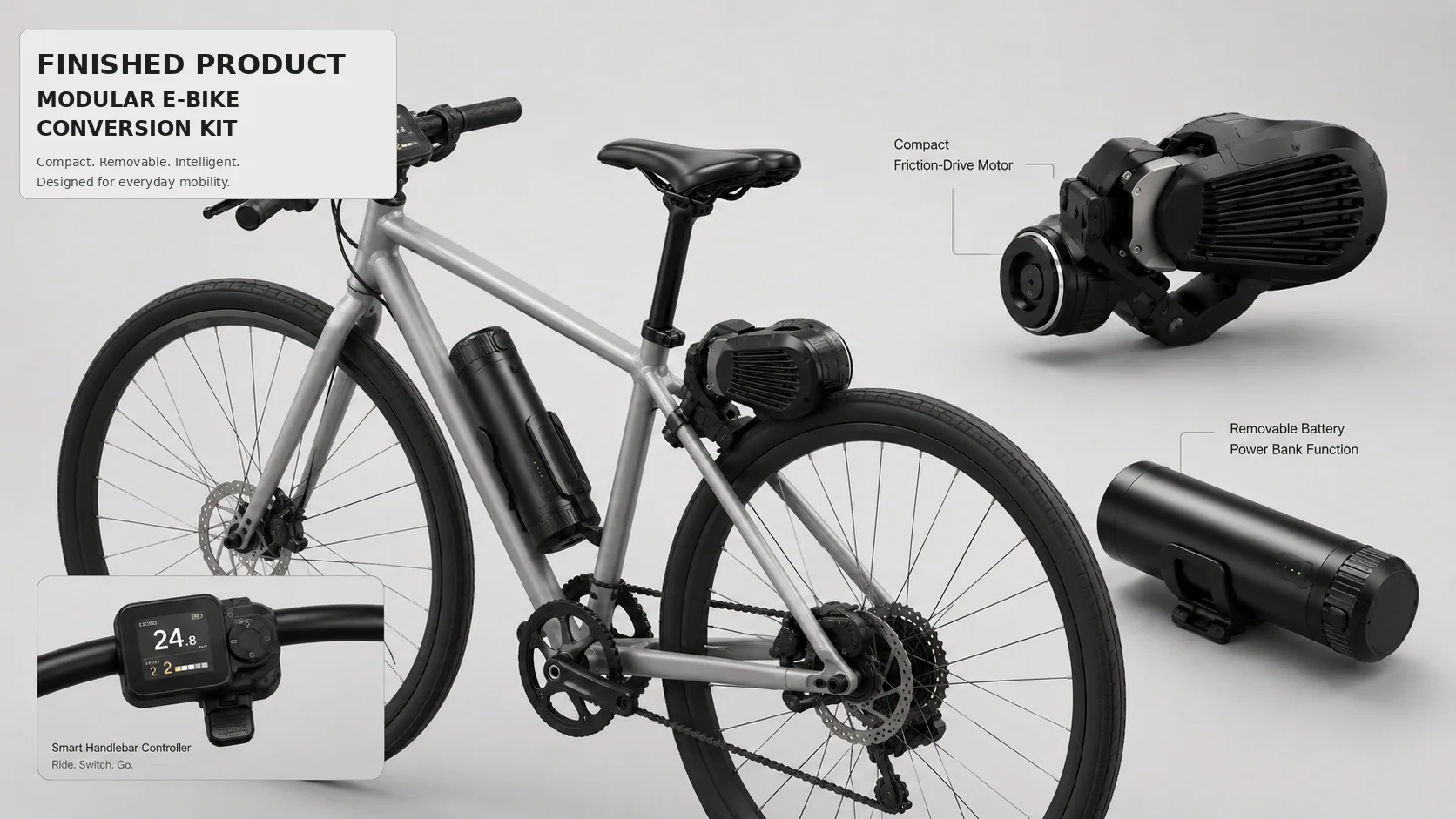 Finished product: compact friction-drive motor, removable battery power bank and smart handlebar controller.