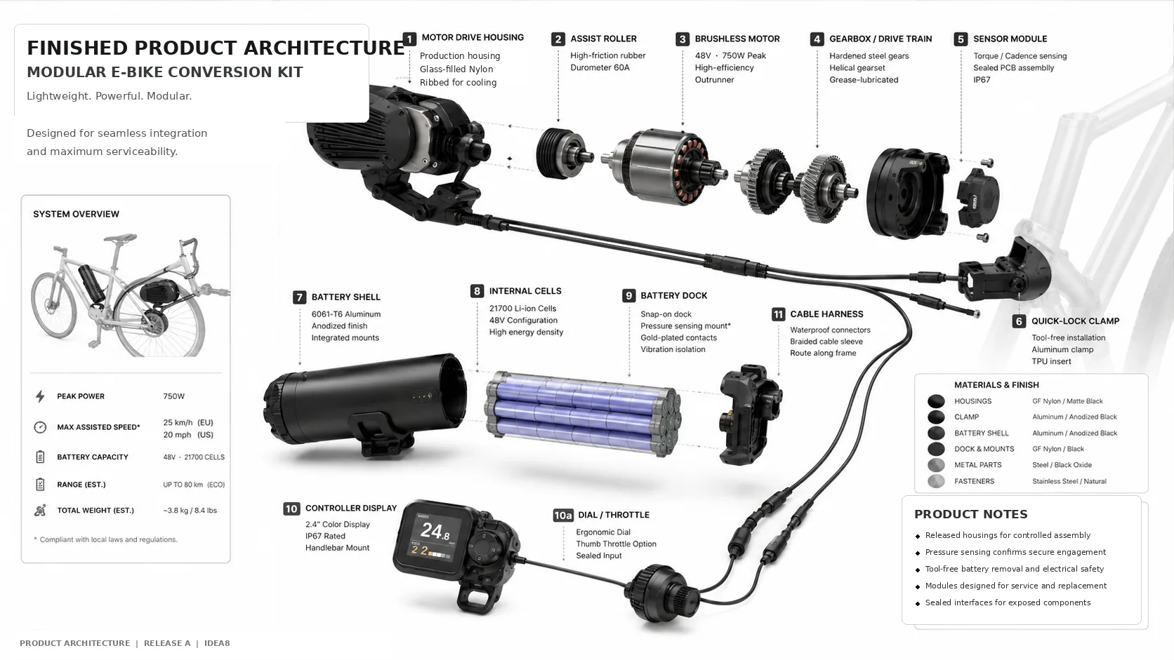 Exploded product architecture: drive unit, battery module, quick-lock mount and handlebar controller.