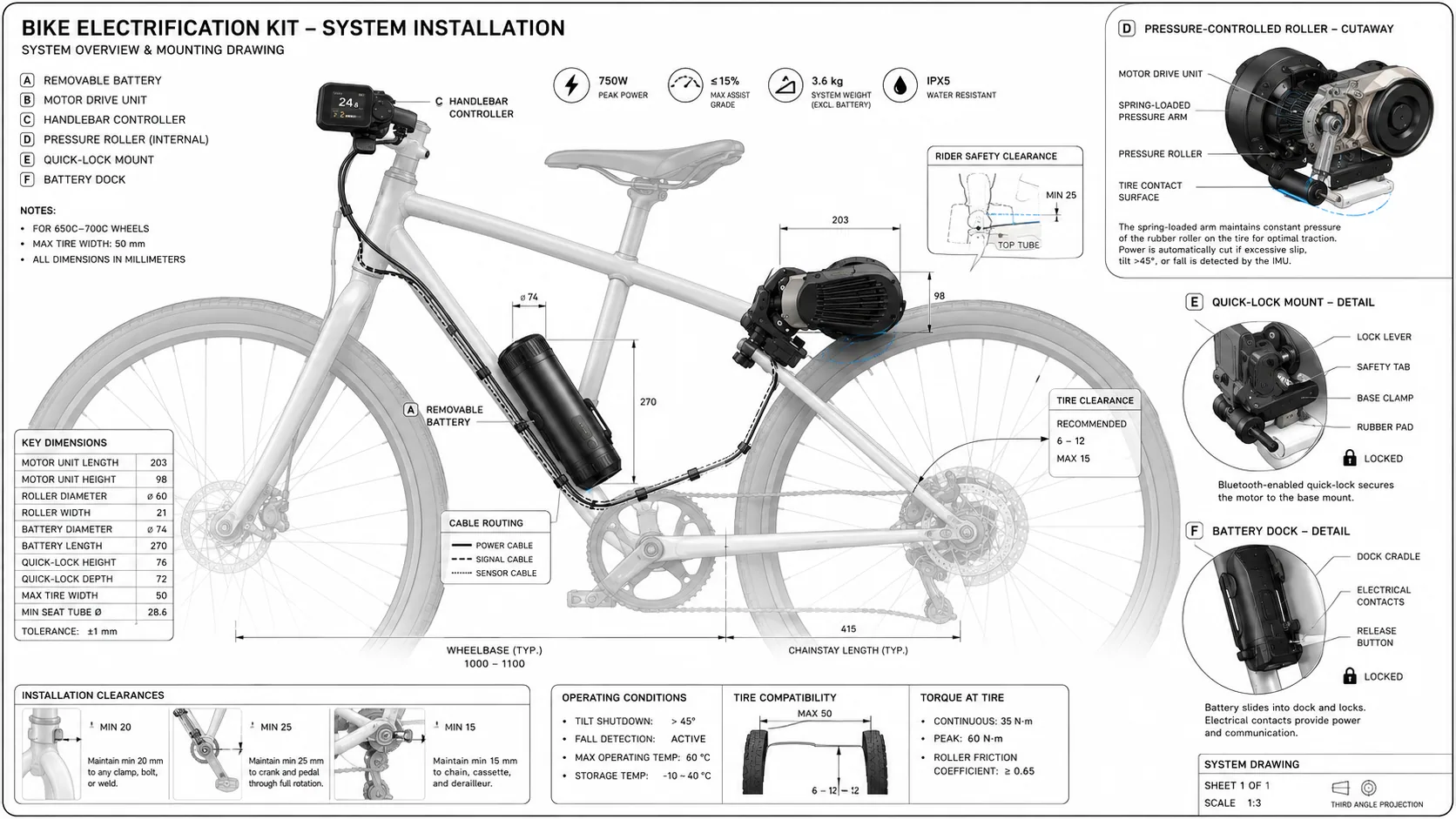 Quick-lock mounting system on rear frame — clamp, lock lever, safety tab and isolation pad.