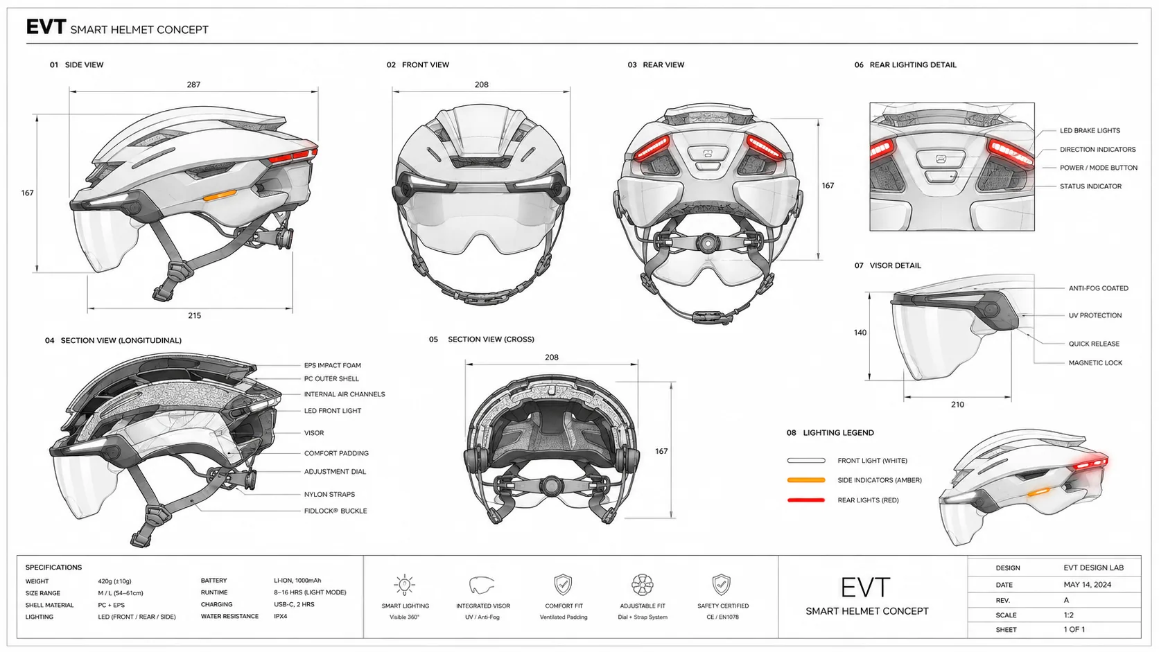 Engineering drawing — side, front, rear and rear lighting detail.