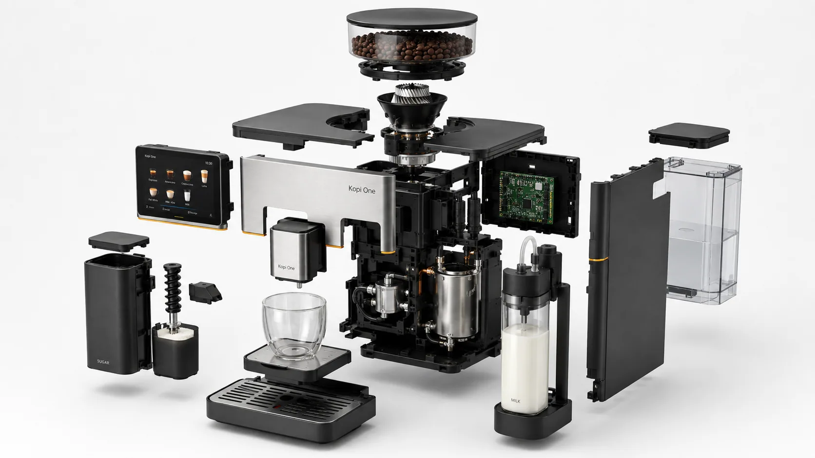 Kopi One sugar dosing subsystem exploded view.